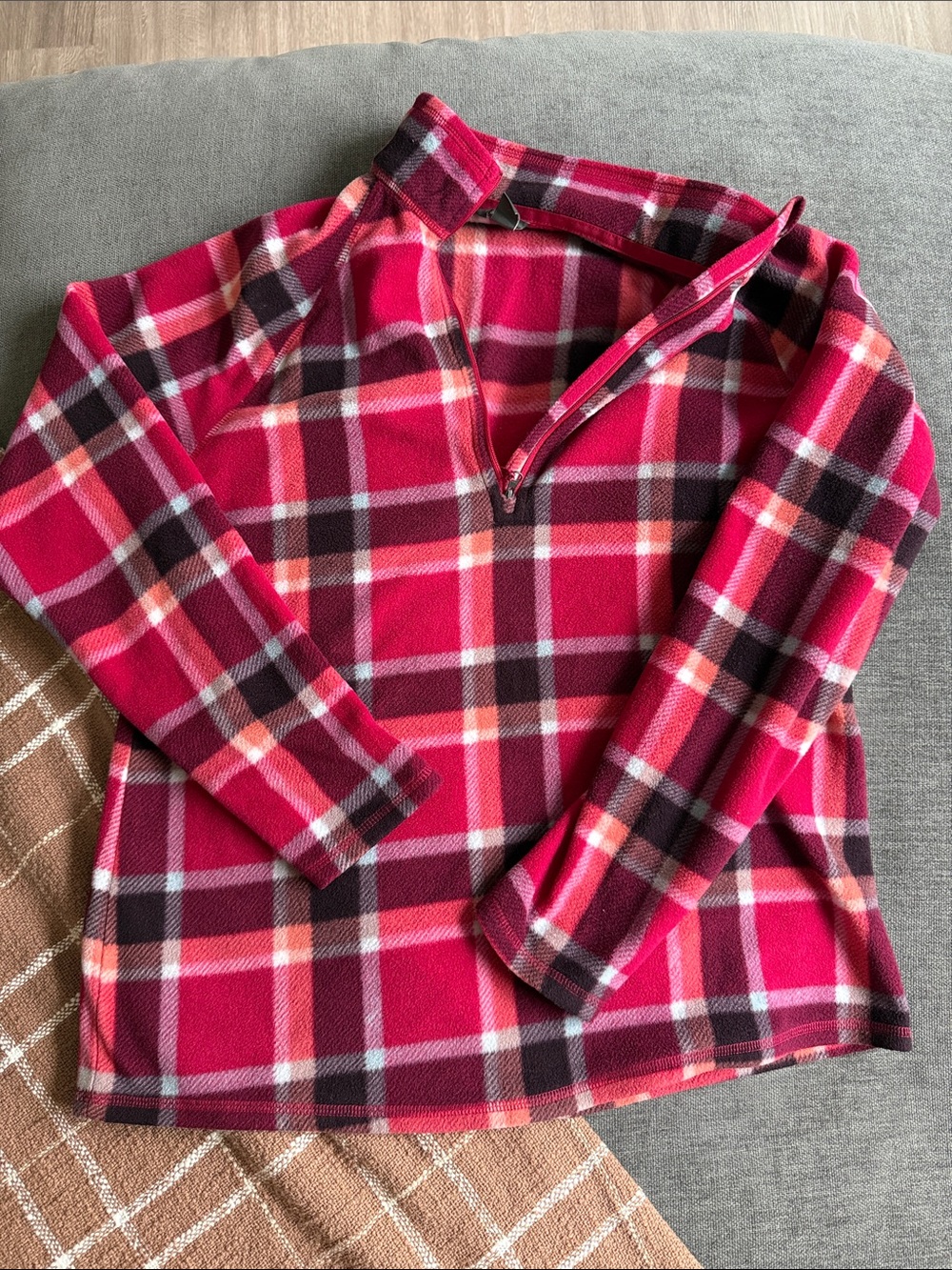 Eddie Bauer Pink Plaid Quarter-Zip Fleece Pullover